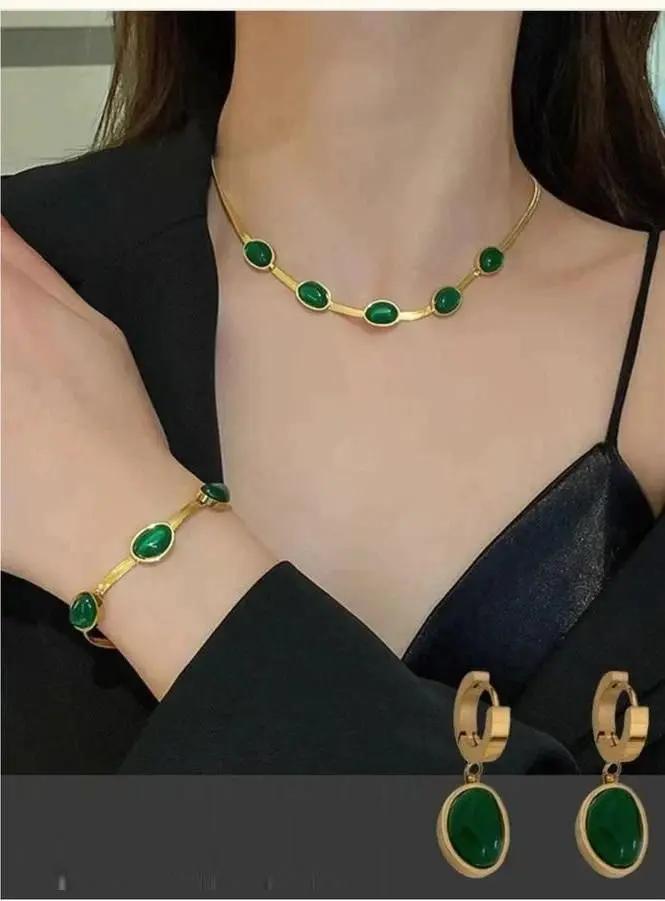 Oval Green Crystal Pendant Necklace Set With Bracelet 4aeam1-6b