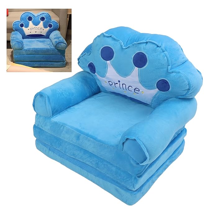 Prince Kids Sofa Cum Bed – 3 in 1 Foldable Baby Sofa with Mattress | Soft Crown Design Chair for Kids