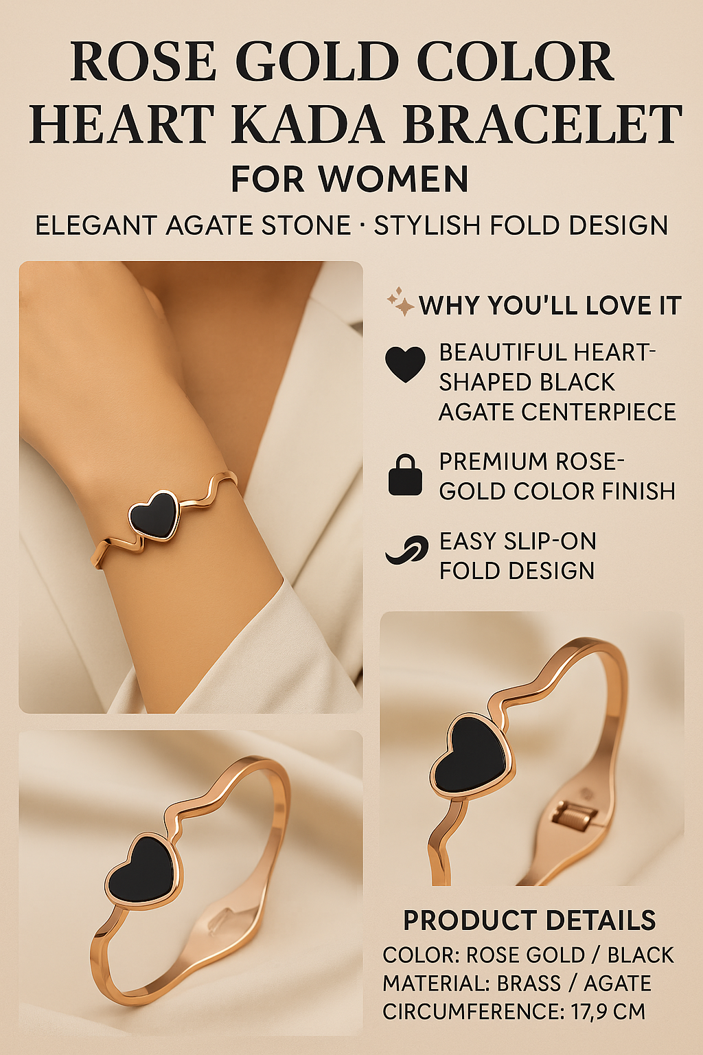 Rose Gold Color Heart Kada Bracelet for Women