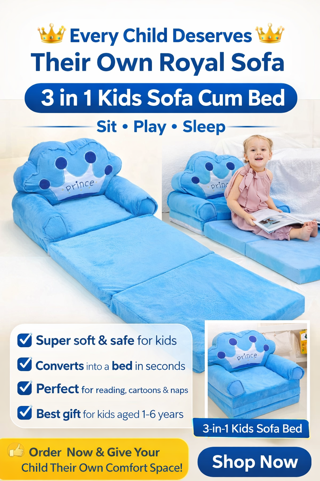 Prince Kids Sofa Cum Bed – 3 in 1 Foldable Baby Sofa with Mattress | Soft Crown Design Chair for Kids