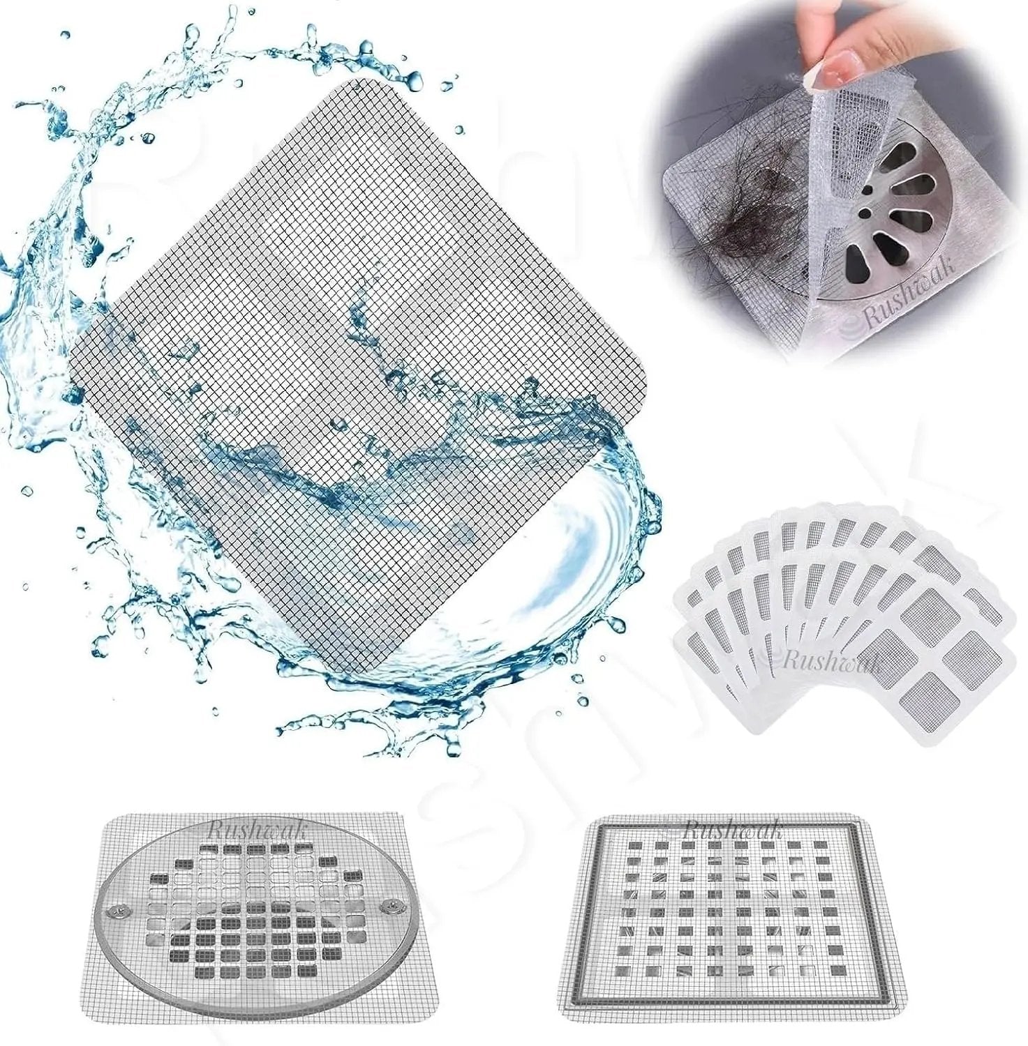 Rushwak Large Upgraded Drain Cover Hair Catcher (Pack of 20) Disposable Waterproof Drain Guard Mesh Stickers Drainage Jali Shower Drain Cover for Bathroom Floor Sink Bathtub (13cm x 13cm) Vadyah