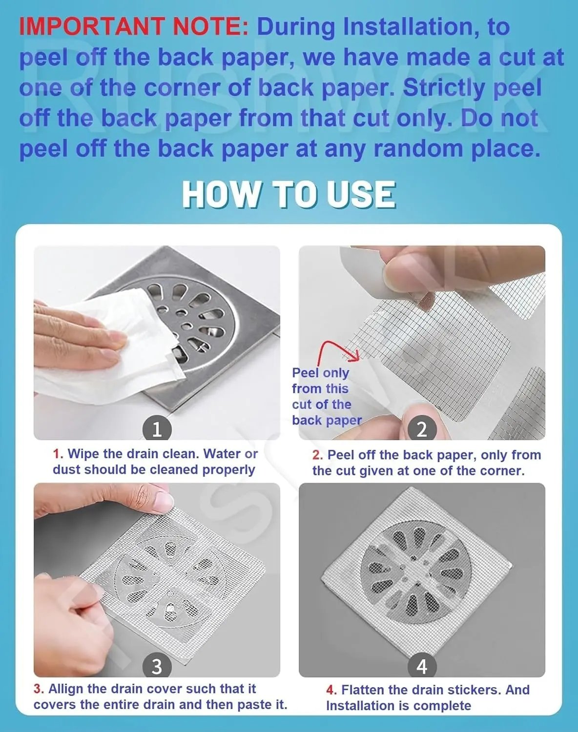 Rushwak Large Upgraded Drain Cover Hair Catcher (Pack of 20) Disposable Waterproof Drain Guard Mesh Stickers Drainage Jali Shower Drain Cover for Bathroom Floor Sink Bathtub (13cm x 13cm) Vadyah