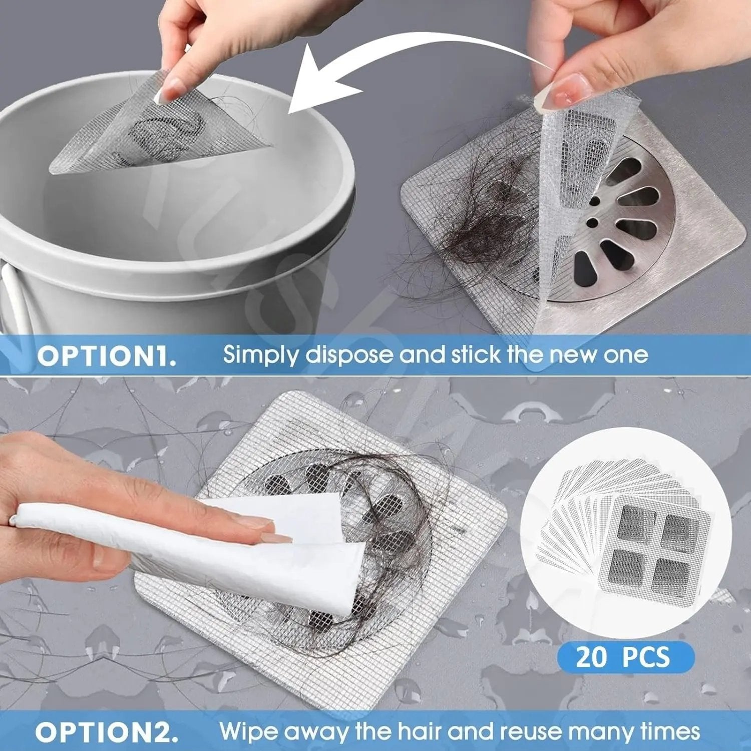 Rushwak Large Upgraded Drain Cover Hair Catcher (Pack of 20) Disposable Waterproof Drain Guard Mesh Stickers Drainage Jali Shower Drain Cover for Bathroom Floor Sink Bathtub (13cm x 13cm) Vadyah